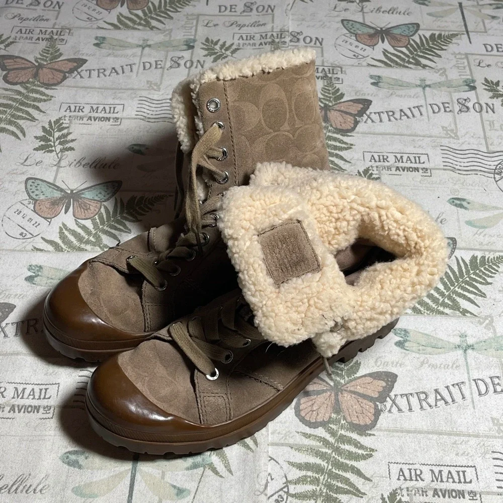 Coach Taupe & Cream Shearling-Lined Winter Boots